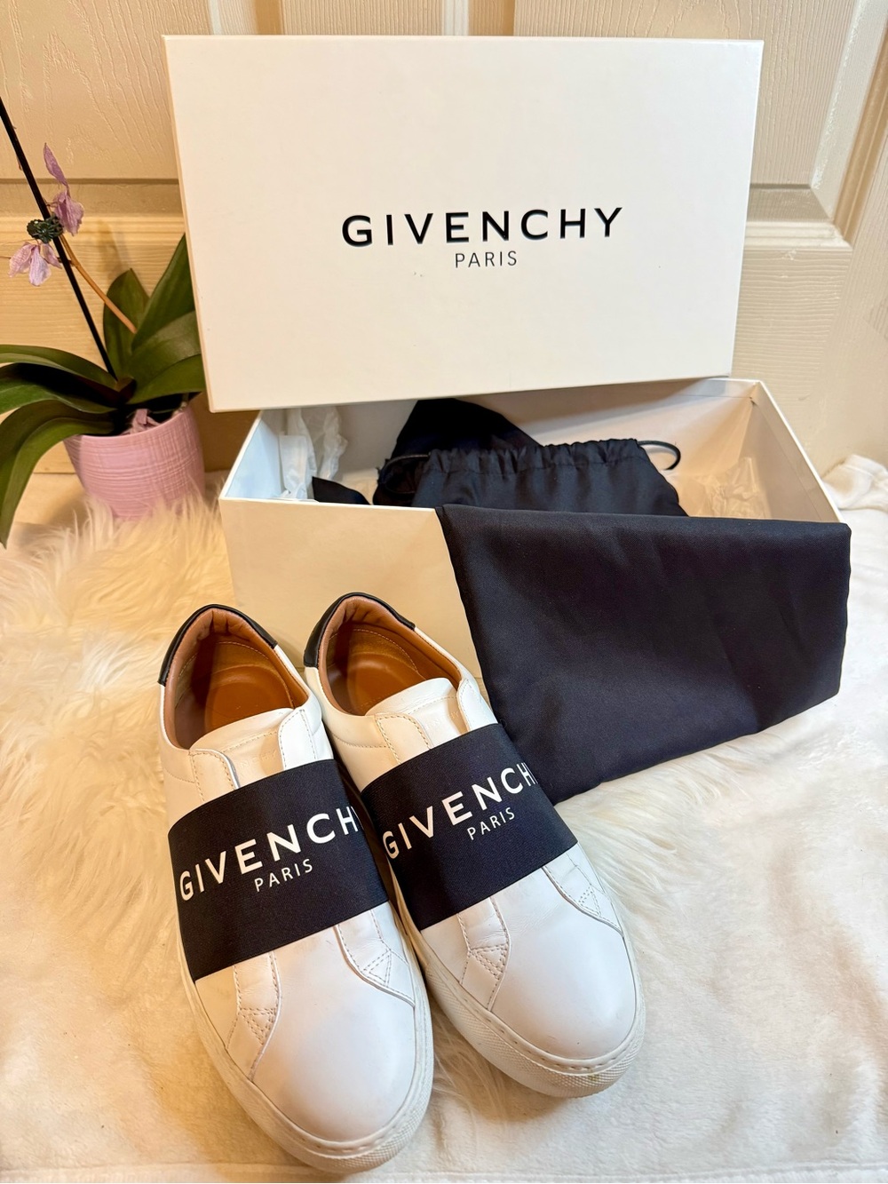 Givenchy White Leather Slip-On Sneakers with Black Logo Band